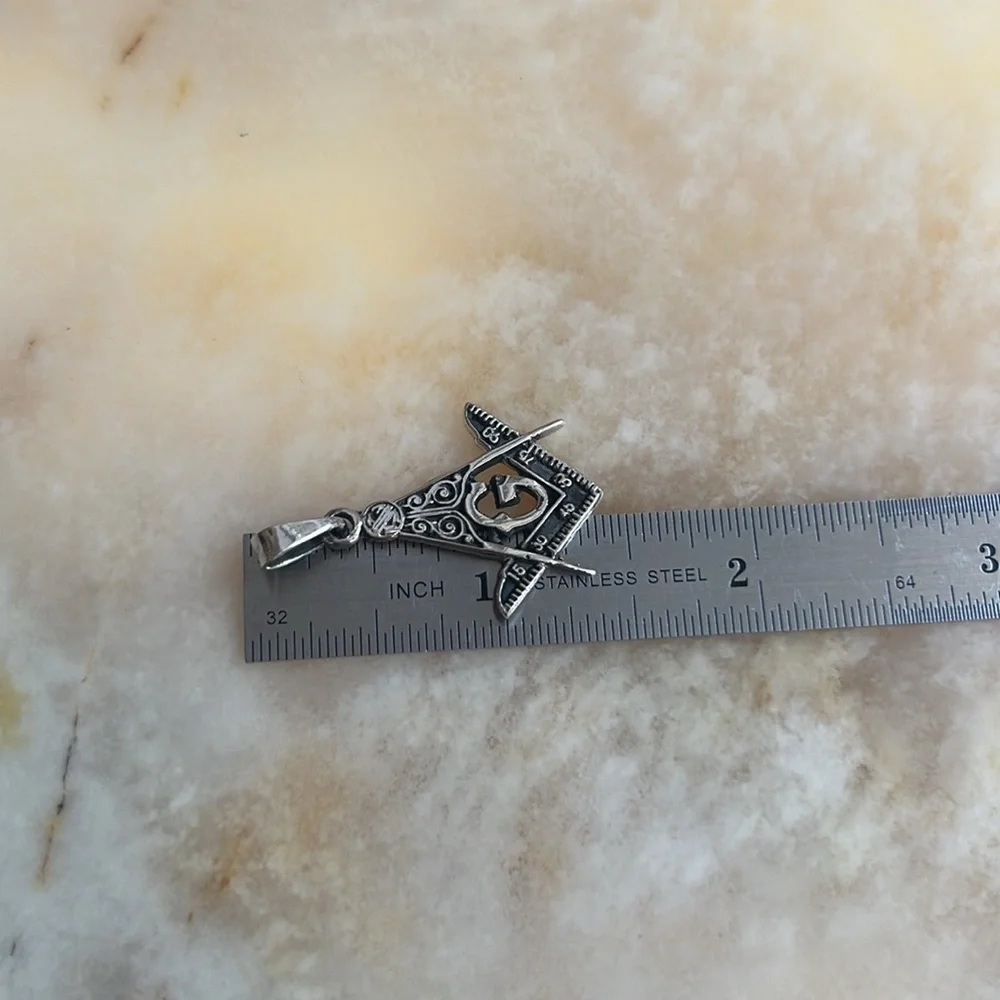 Sterling Silver Masonic Symbol Square & Compass Pendant Handmade 1 1/8 inch